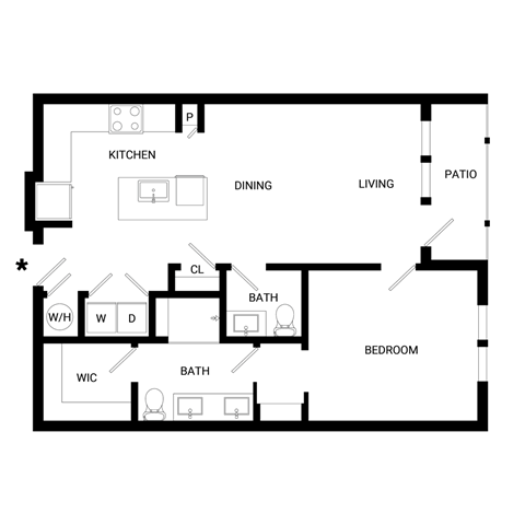 Floor plan for 1 bed, 1 bath, 848 sqft